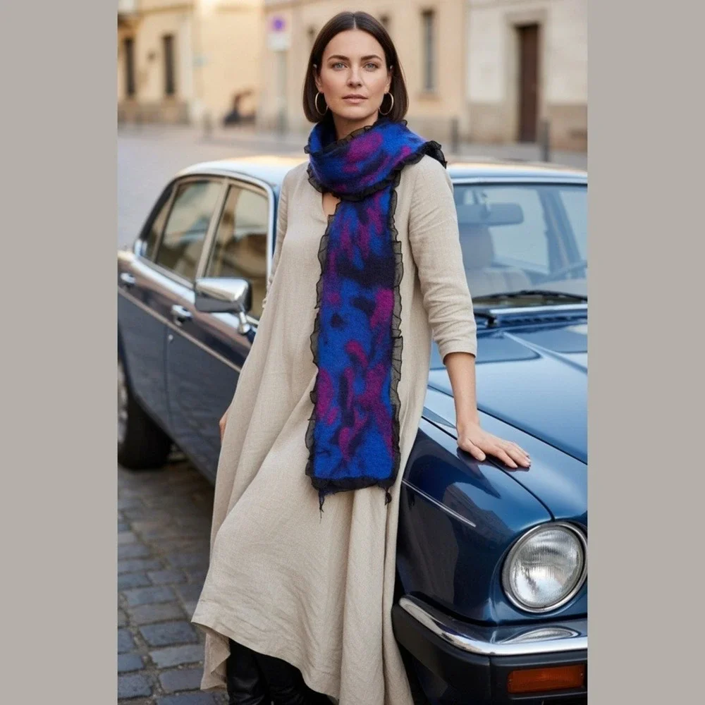 Authentic Andrea LeBeau Artisan Nuno Felted Scarf & Silk Chiffon Edges Lagenlook